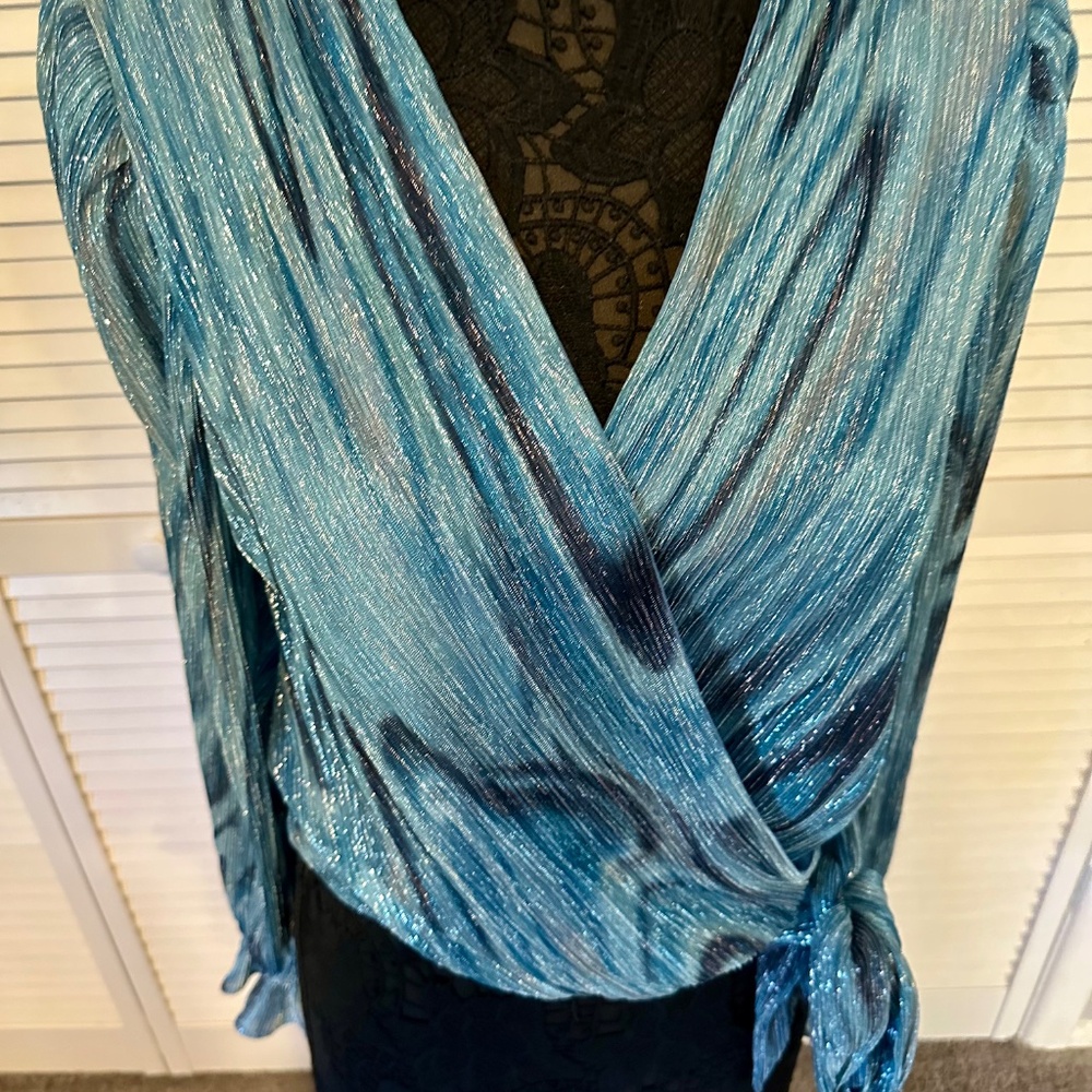 Ramy Brook Metallic Blue Wrap Blouse w/ Tie Waist - Picture 3 of 8